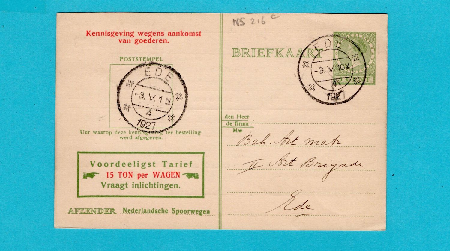 NEDERLAND Spoorweg briefkaart 1927 Ede Geuzendam NS216c