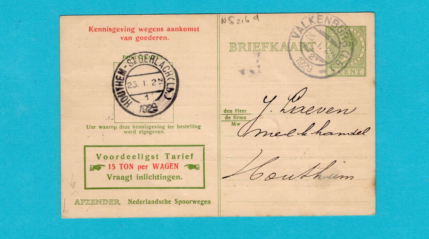 NEDERLAND Spoorweg briefkaart 1929 Valkenburg G NS216d