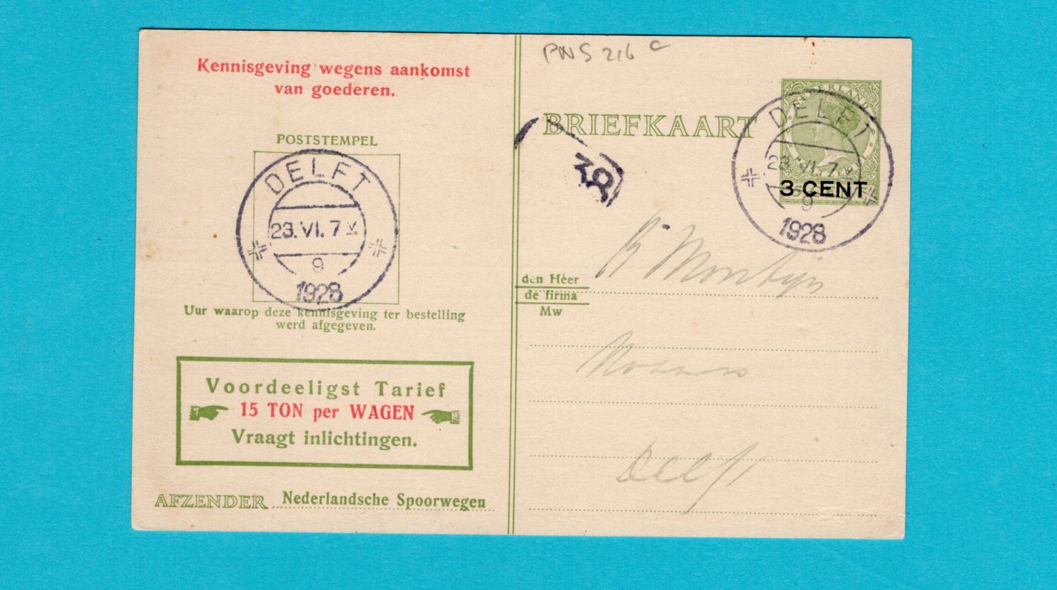 NEDERLAND Spoorweg briefkaart 1928 Delft Geuzendam PNS216c