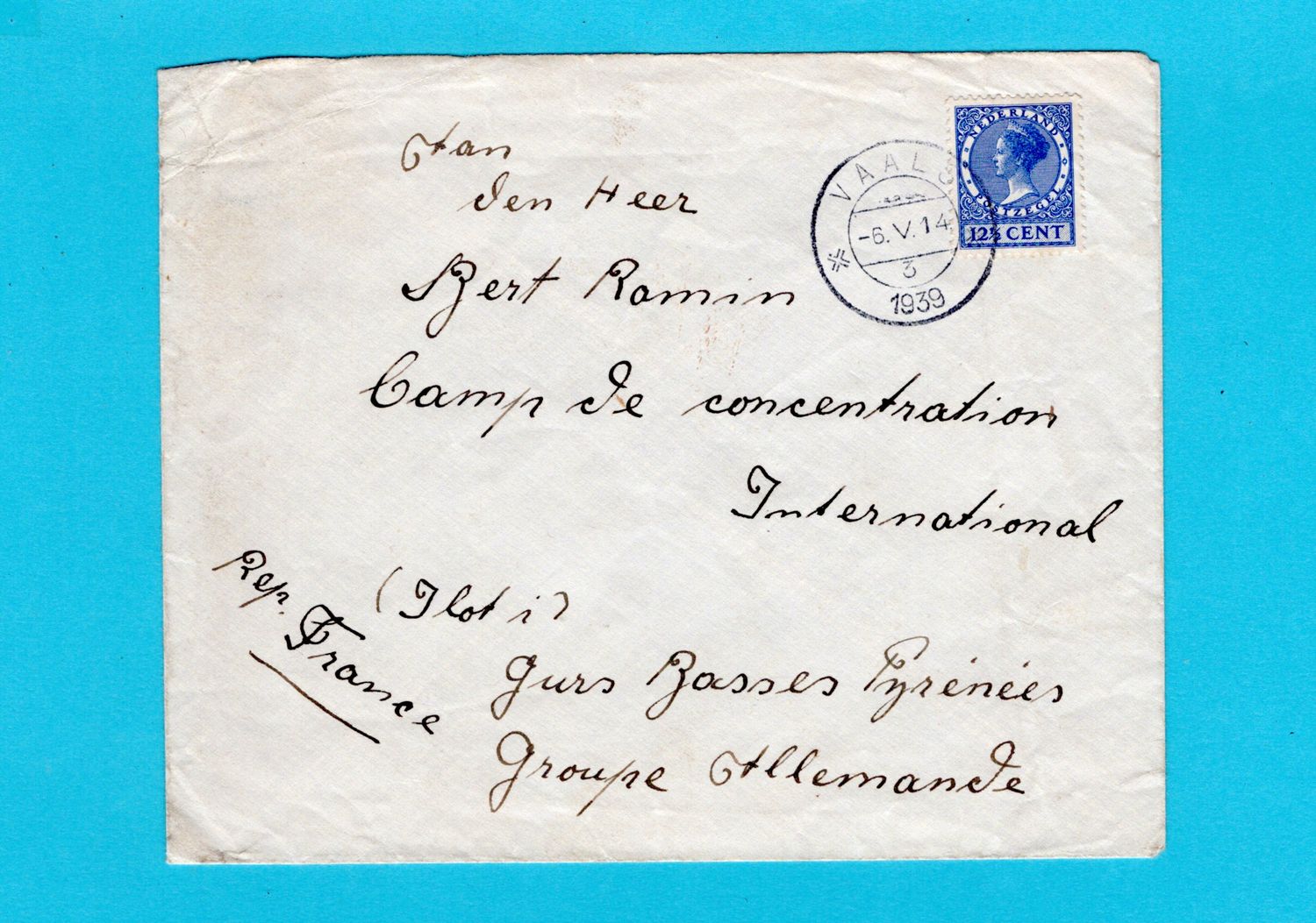 NEDERLAND brief 1939 Vaals naar Camp de Gurs voor strijders Spanje
