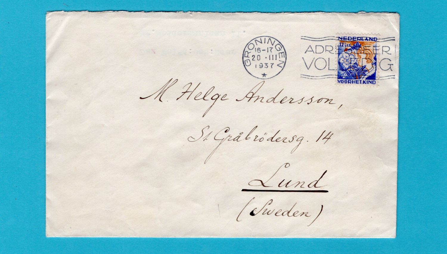 NEDERLAND brief 1937 Groningen naar Lund, Zweden