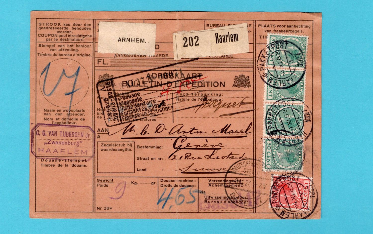 NEDERLAND pakketkaart 1927 Haarlem-Pakketpost naar Zwitserland