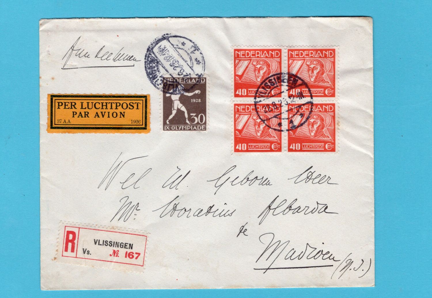 NEDERLAND R luchtpost brief 1928 Vlissingen naar Madioen