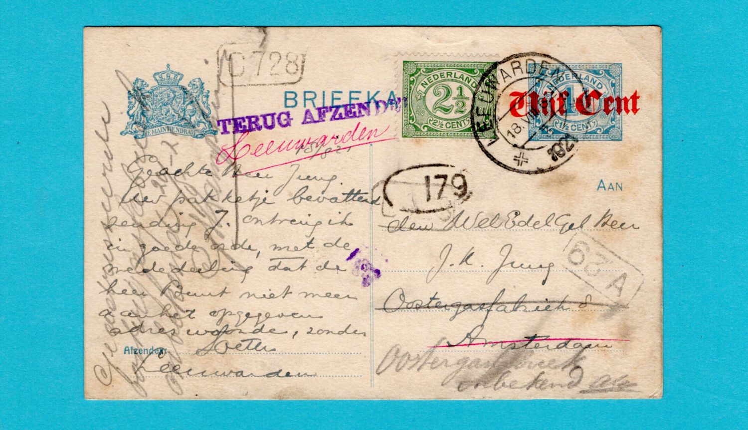NEDERLAND briefkaart 1921 Leeuwarden naar Amsterdam -retour