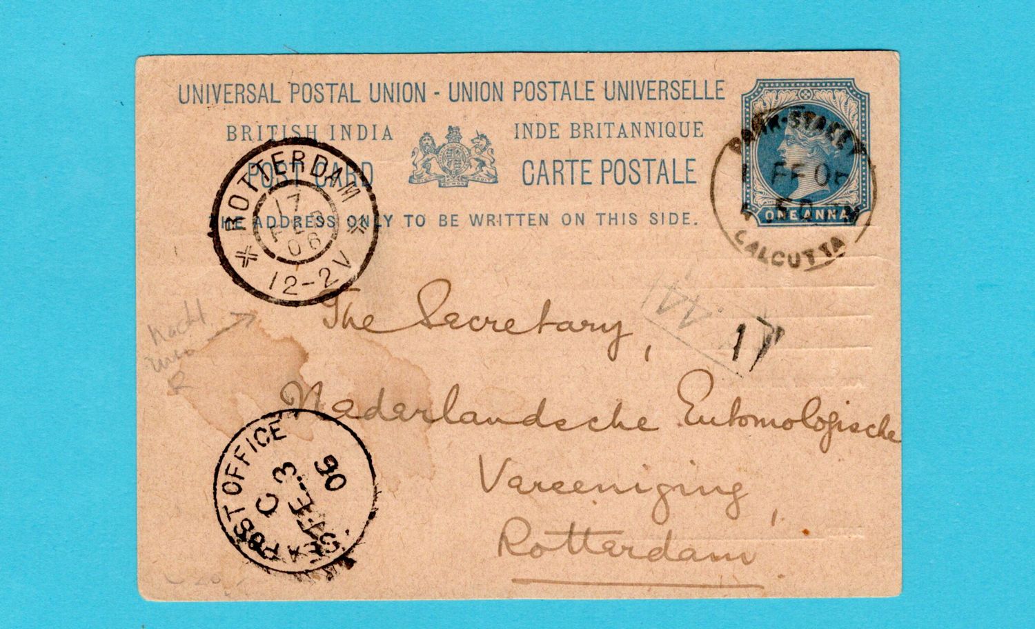 INDIA briefkaart 1906 Calcutta naar Rotterdam -grootrond nachturen