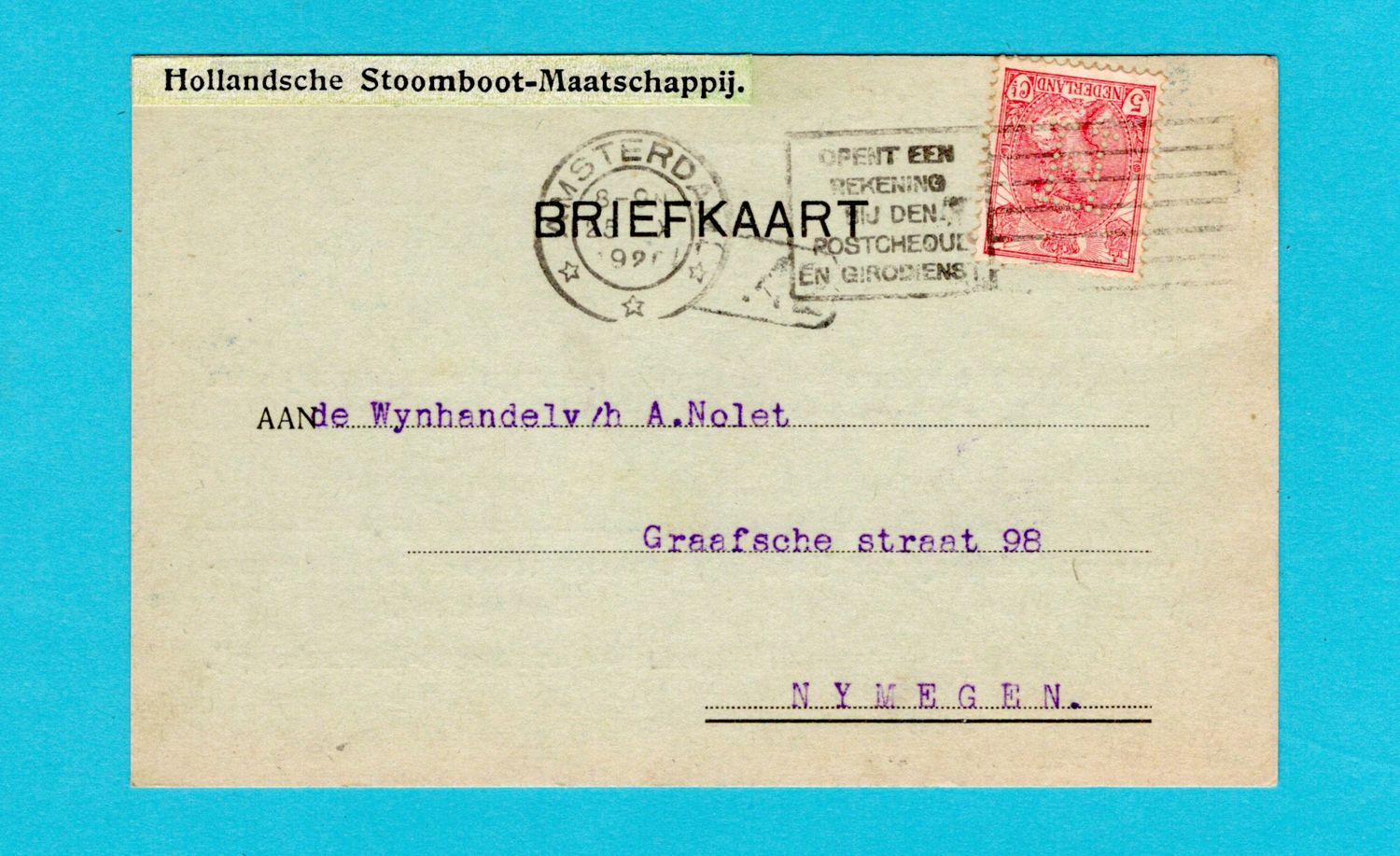 NEDERLAND briefkaart 1920 Amsterdam perfin "H" Stoomboot My