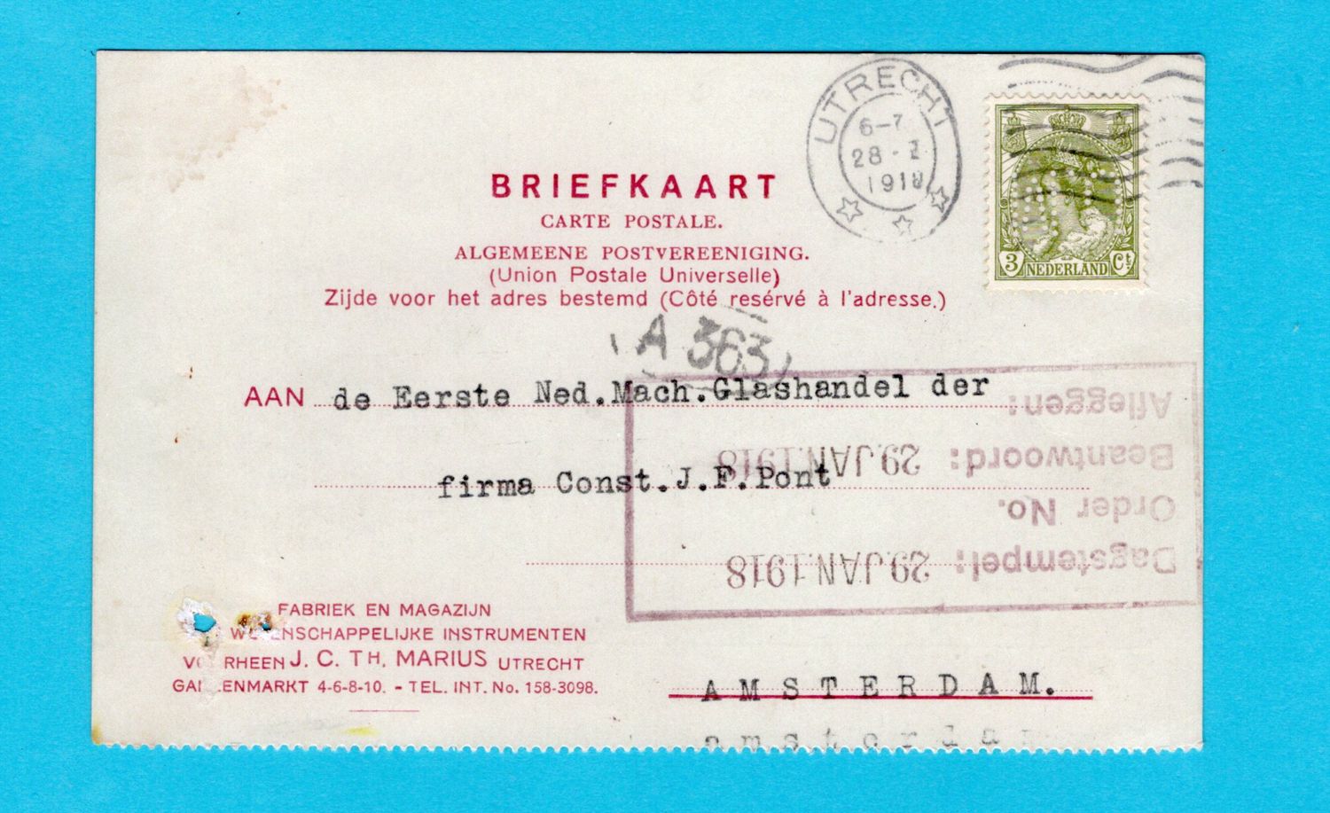 NEDERLAND briefkaart 1919 Utrecht perfin U.M.