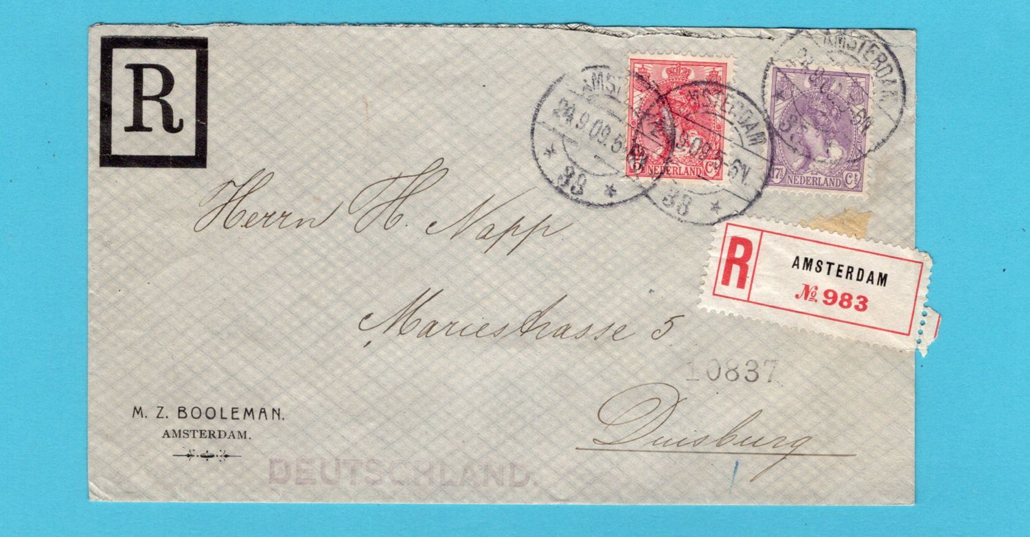 NEDERLAND R brief 1909 Amsterdam naar Duisburg, Duitsland