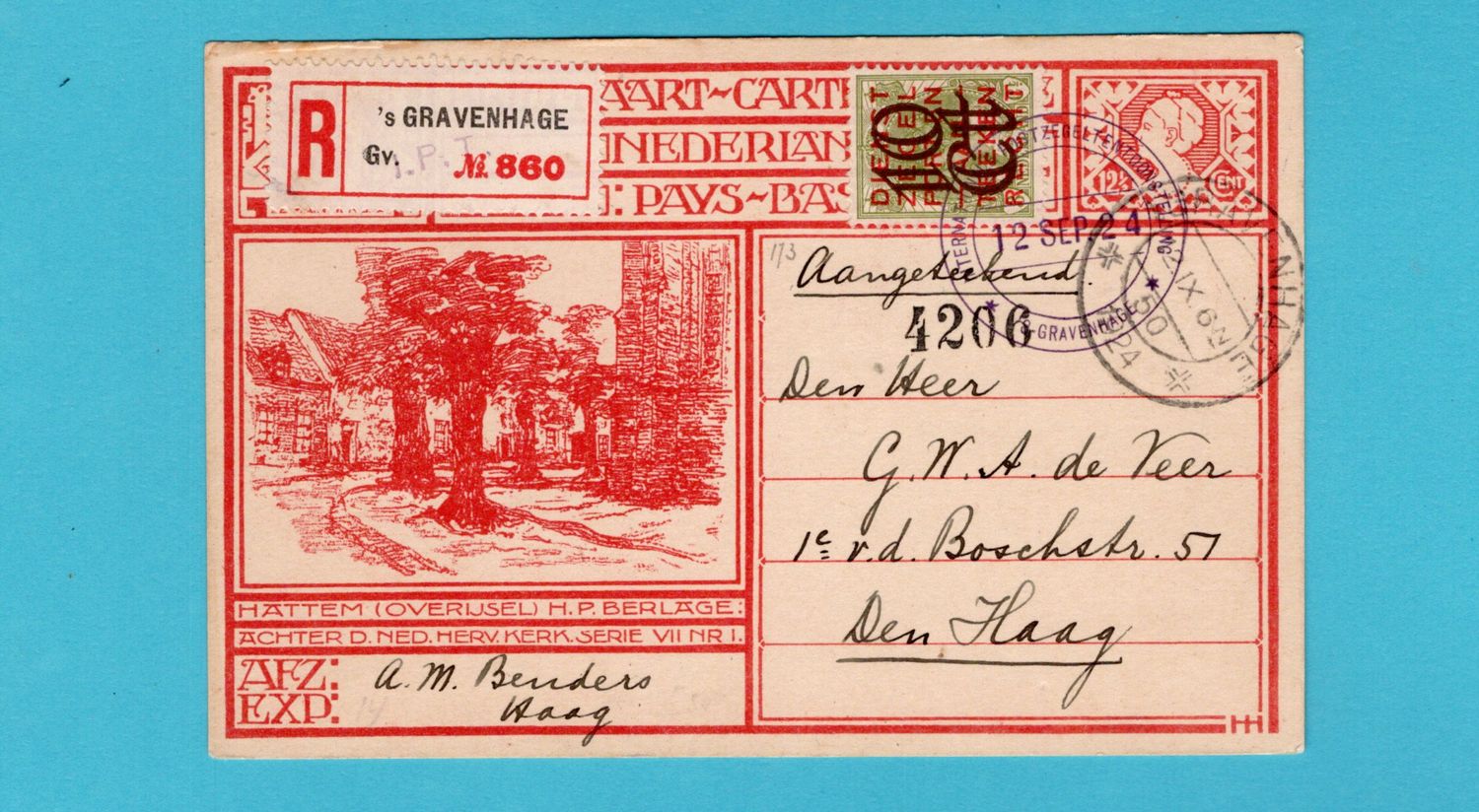 NEDERLAND R briefkaart 1924 &#39;s Gravenhage met IPT strookje