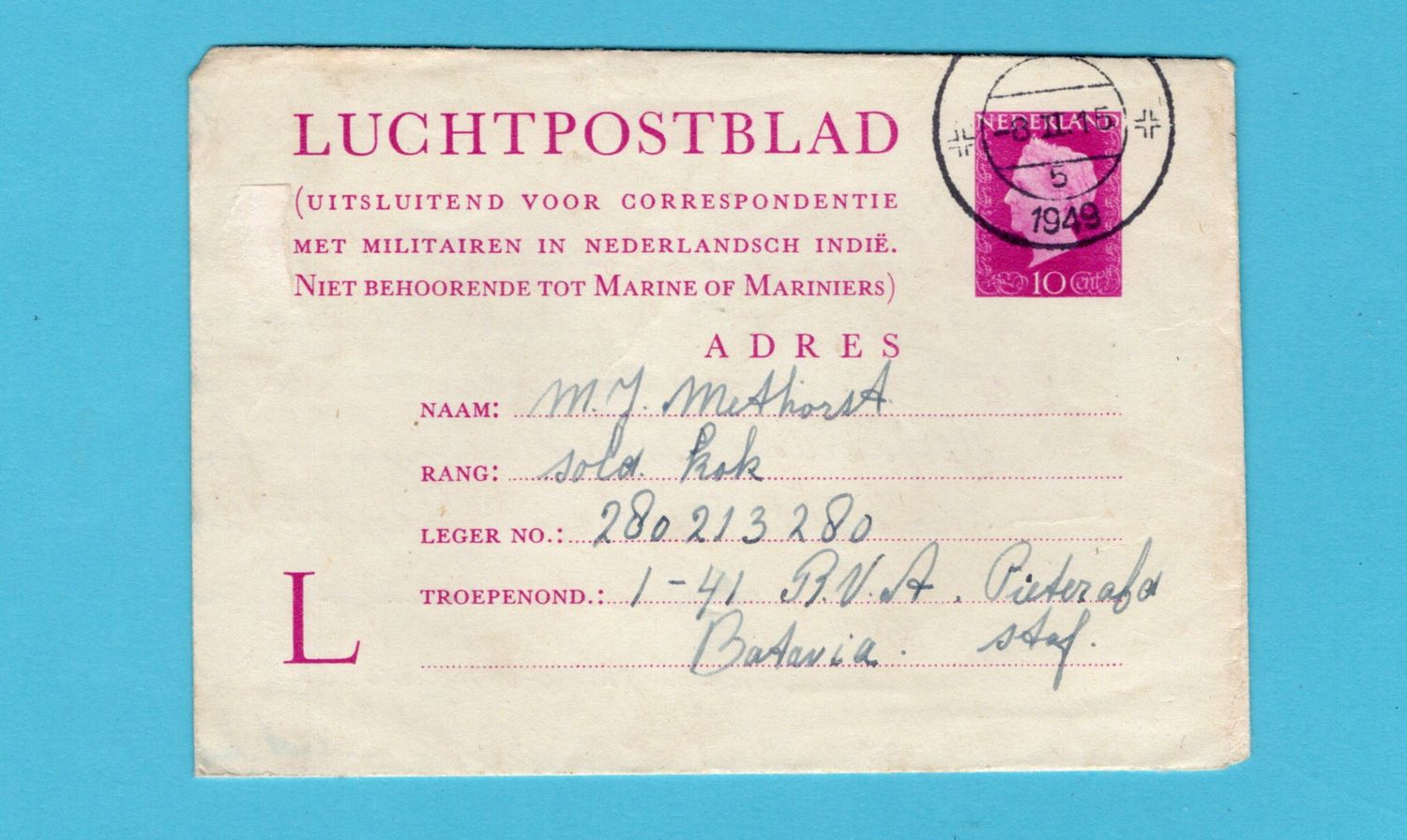 NEDERLAND luchtpost blad 1949 Ede naar soldaat in Batavia, Indië