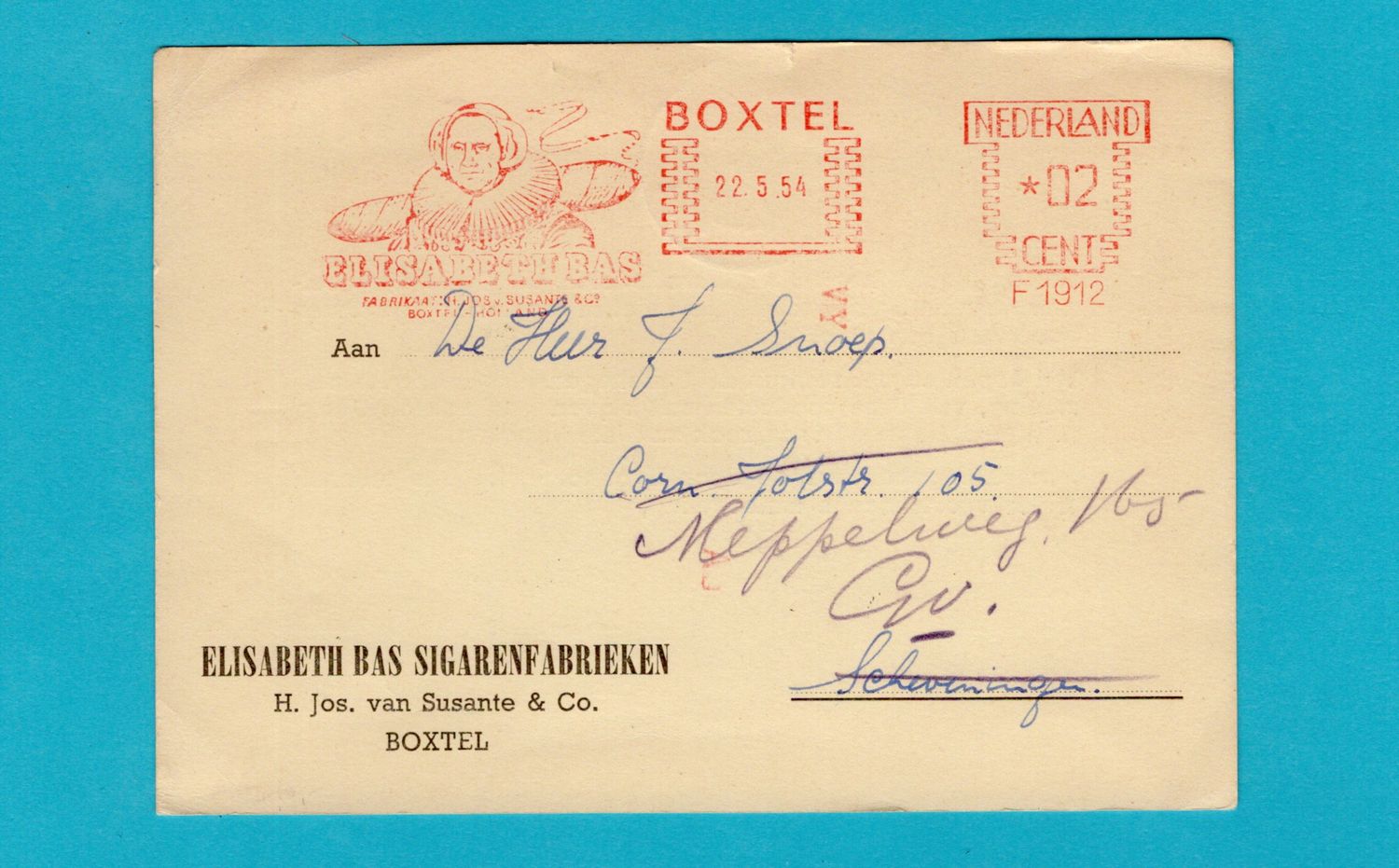 NEDERLAND Elisabeth Bas Sigaren kaart 1954 Boxtel roodfrankering
