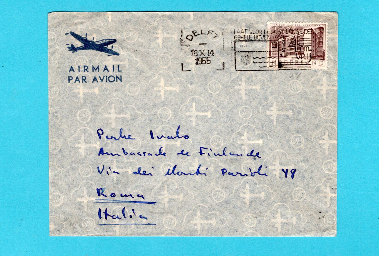 NEDERLAND lp brief 1955 Delft naar Italië