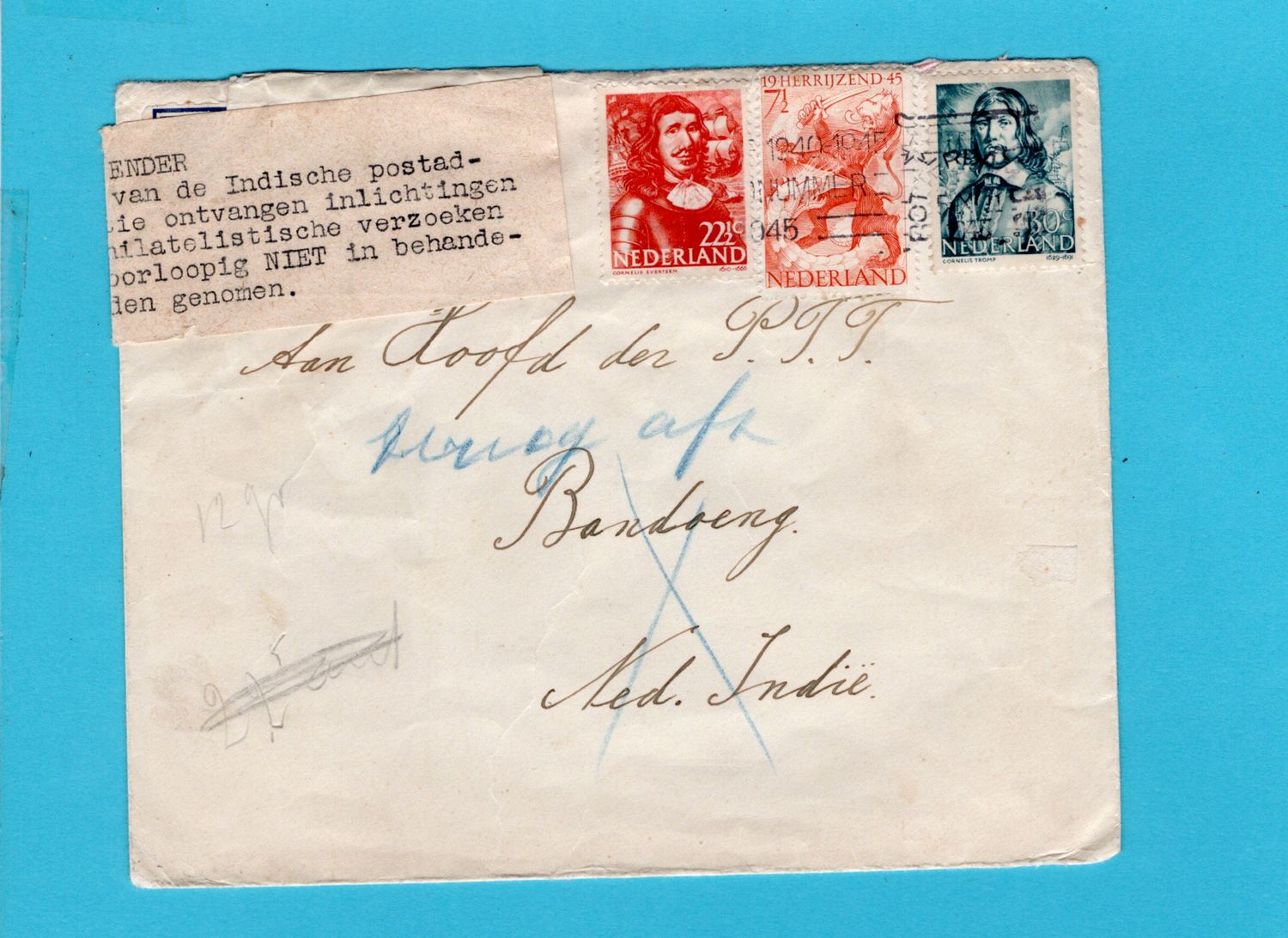 NEDERLAND lp brief 1945 Rotterdam naar Indië en retour met strook