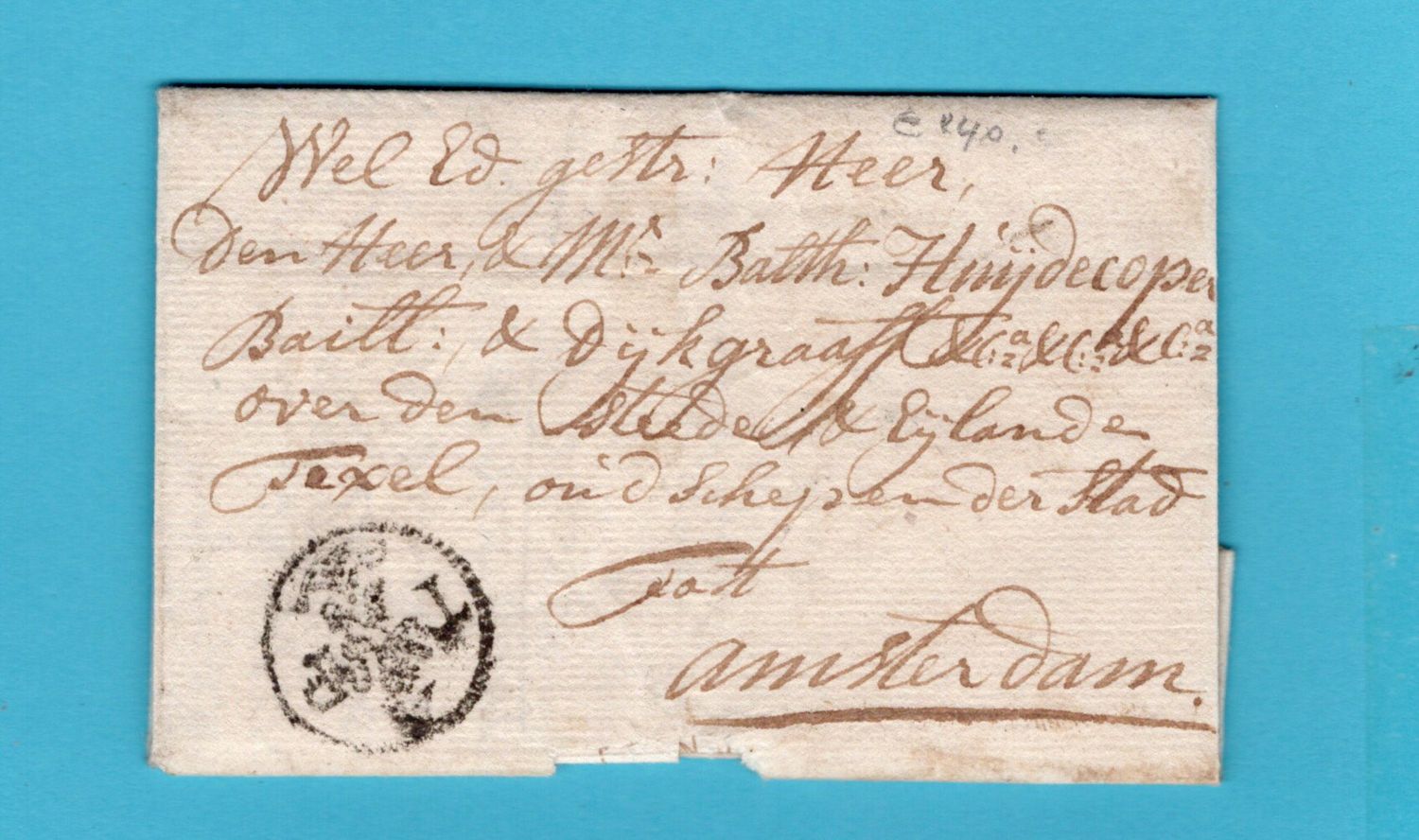 NEDERLAND brief 1757 Texelsche Post naar Amsterdam