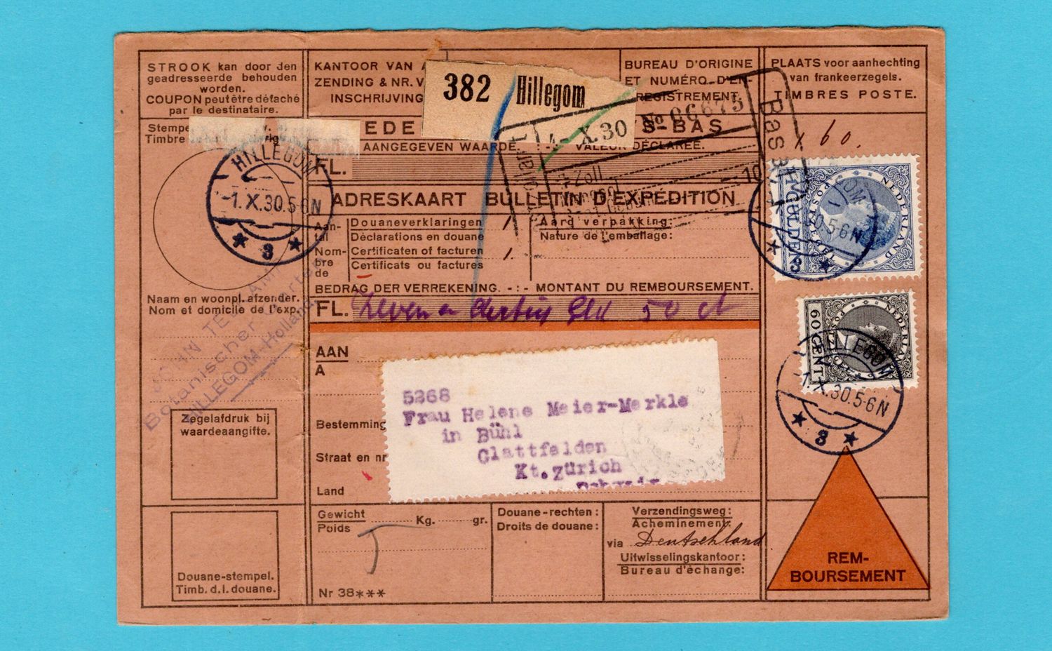 NEDERLAND Rembours pakketkaart 1930 Hillegom naar Zwitserland
