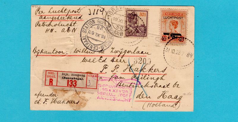 NEDERLAND Luchtpost kaart 1928 's Gravenhage naar Indië en R retour