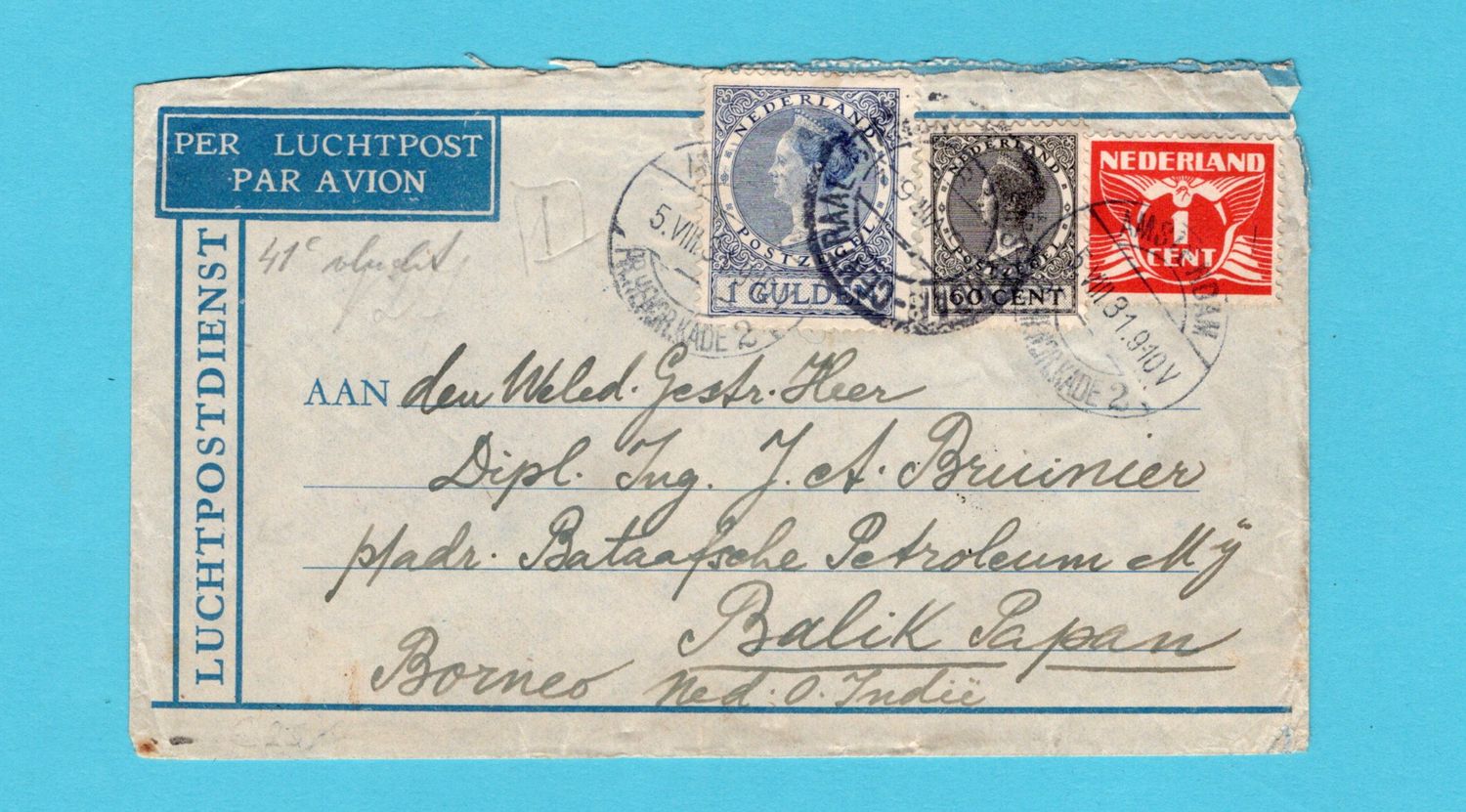 NEDERLAND luchtpost brief 1931 Amsterdam naar Balik Papan, Indië