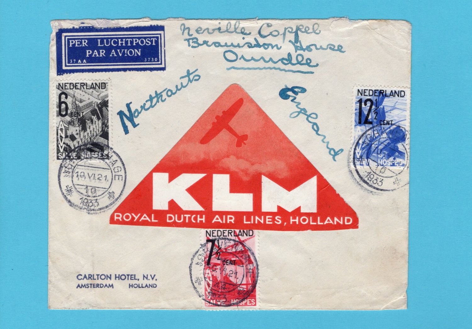NEDER:LAND KLM brief 1933 &#39;s Gravenhage naar Engeland