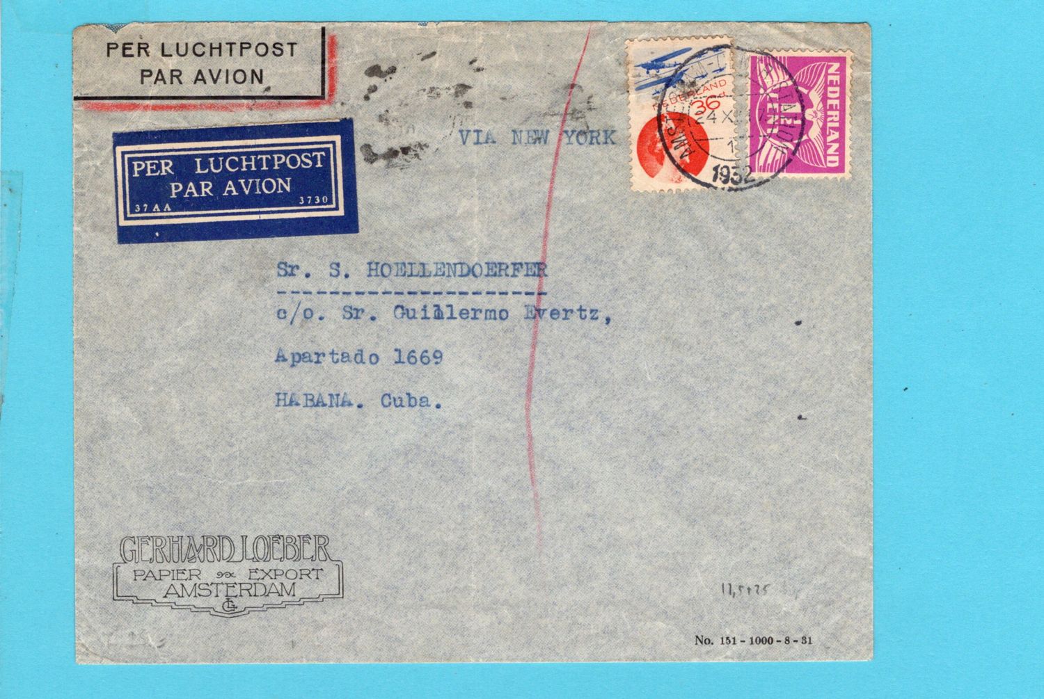 NEDERLAND luchtpost brief 1932 Amsterdam naar Cuba