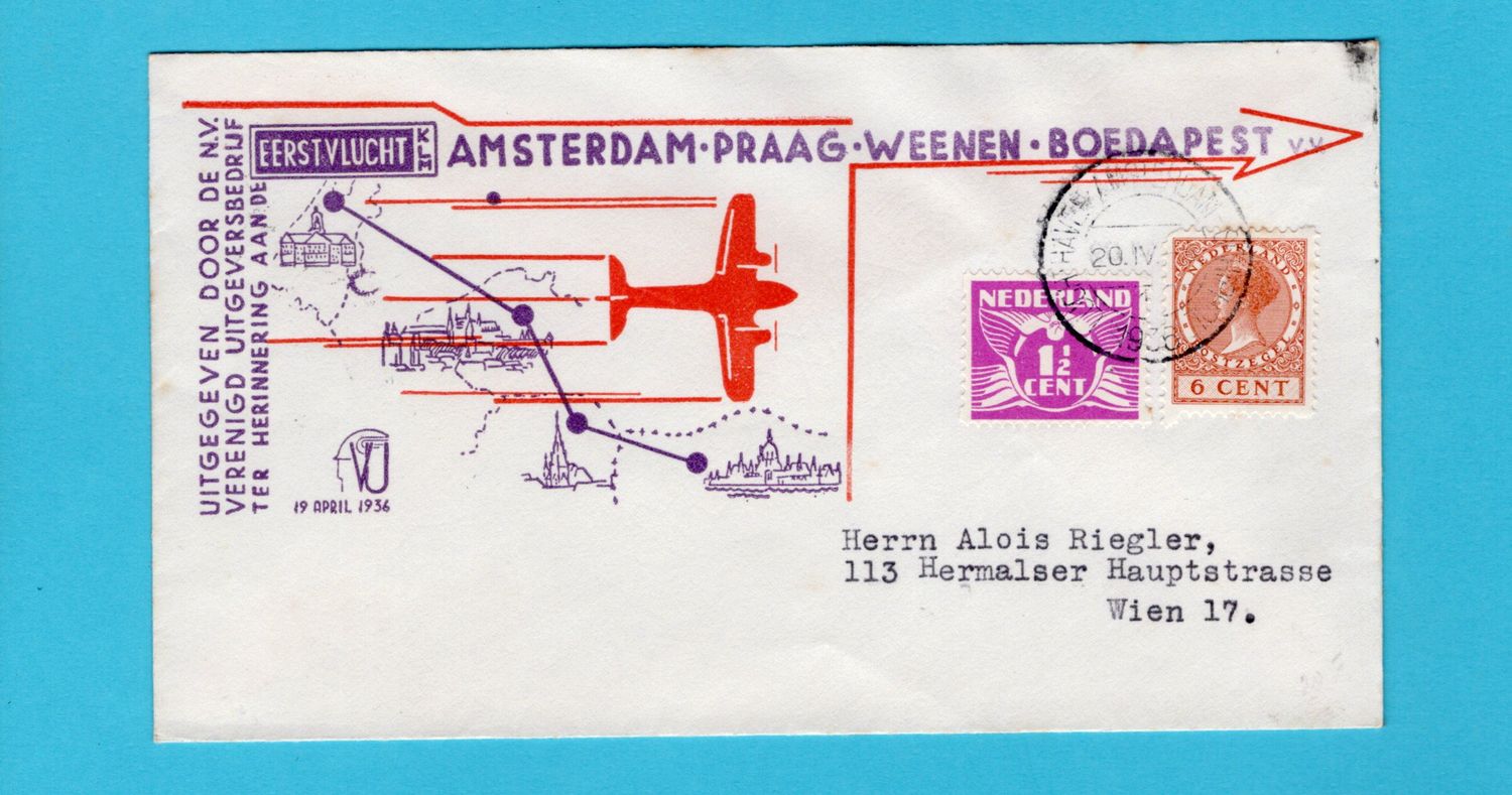 NEDERLAND 1e vlucht 1936 Schiphol - Budapest met roltanding