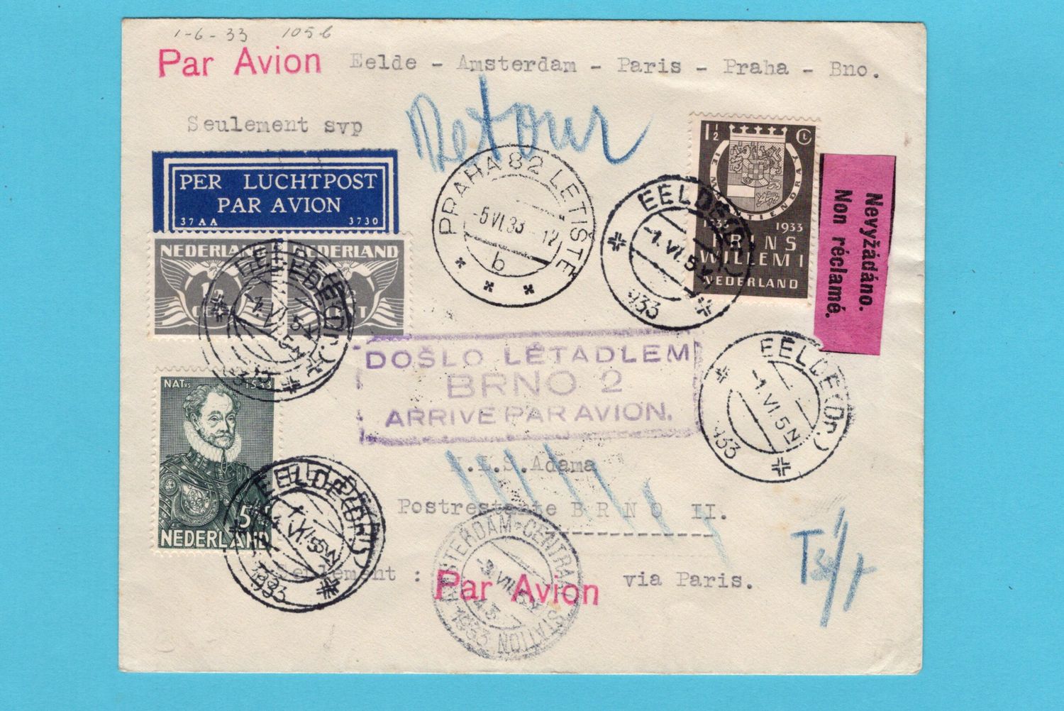 NEDERLAND luchtpost brief 1933 Eelde-A&#39;dam-Parijs-Praag-Brno