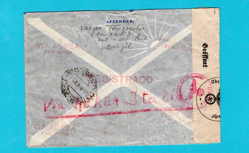 BRAZIL R censor LATI air cover 1940 Rio de Janeiro to Netherlands