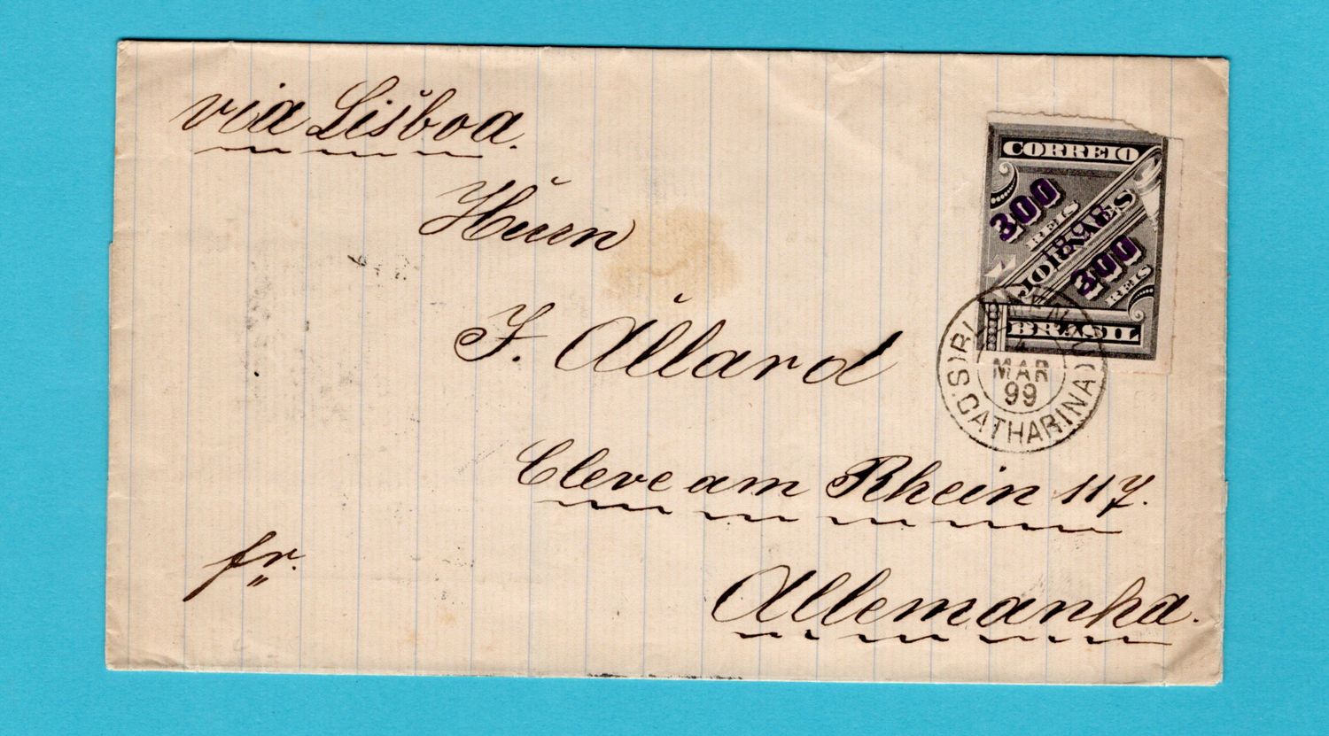BRAZIL cover 1899 Blumenau to Cleve, Germany