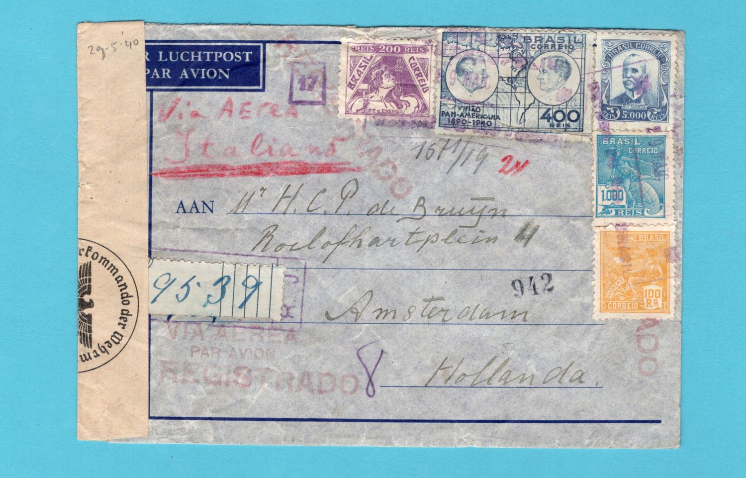 BRAZIL R censor LATI air cover 1940 Rio de Janeiro to Netherlands