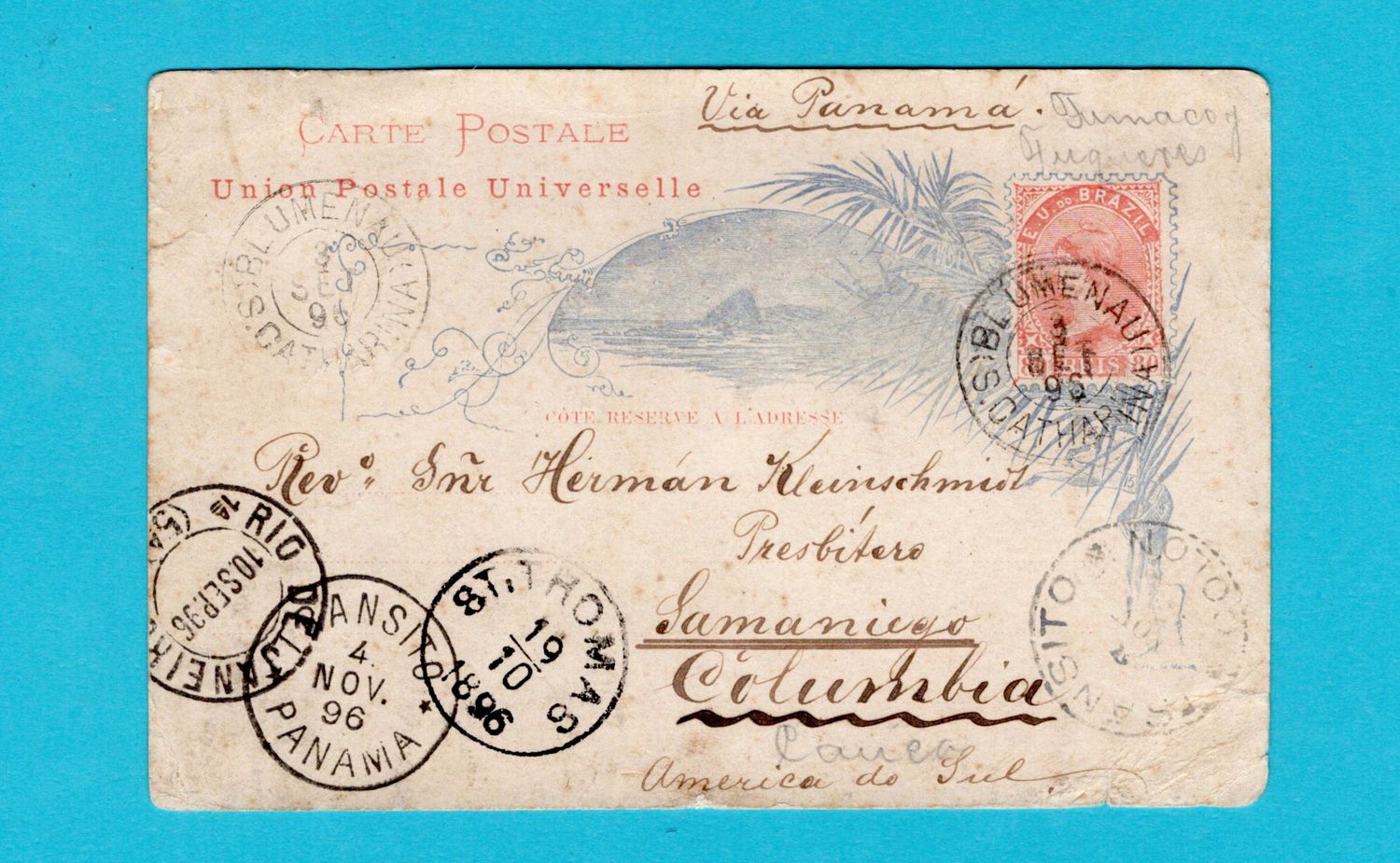 BRAZIL postal card 1896 Blumenau to Colombia with St Thomas transit