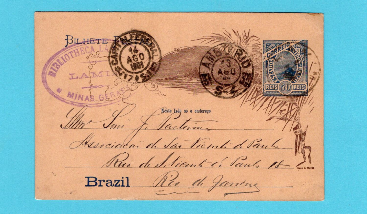 BRAZIL postal card 1901 Lamim + train cancel Rio