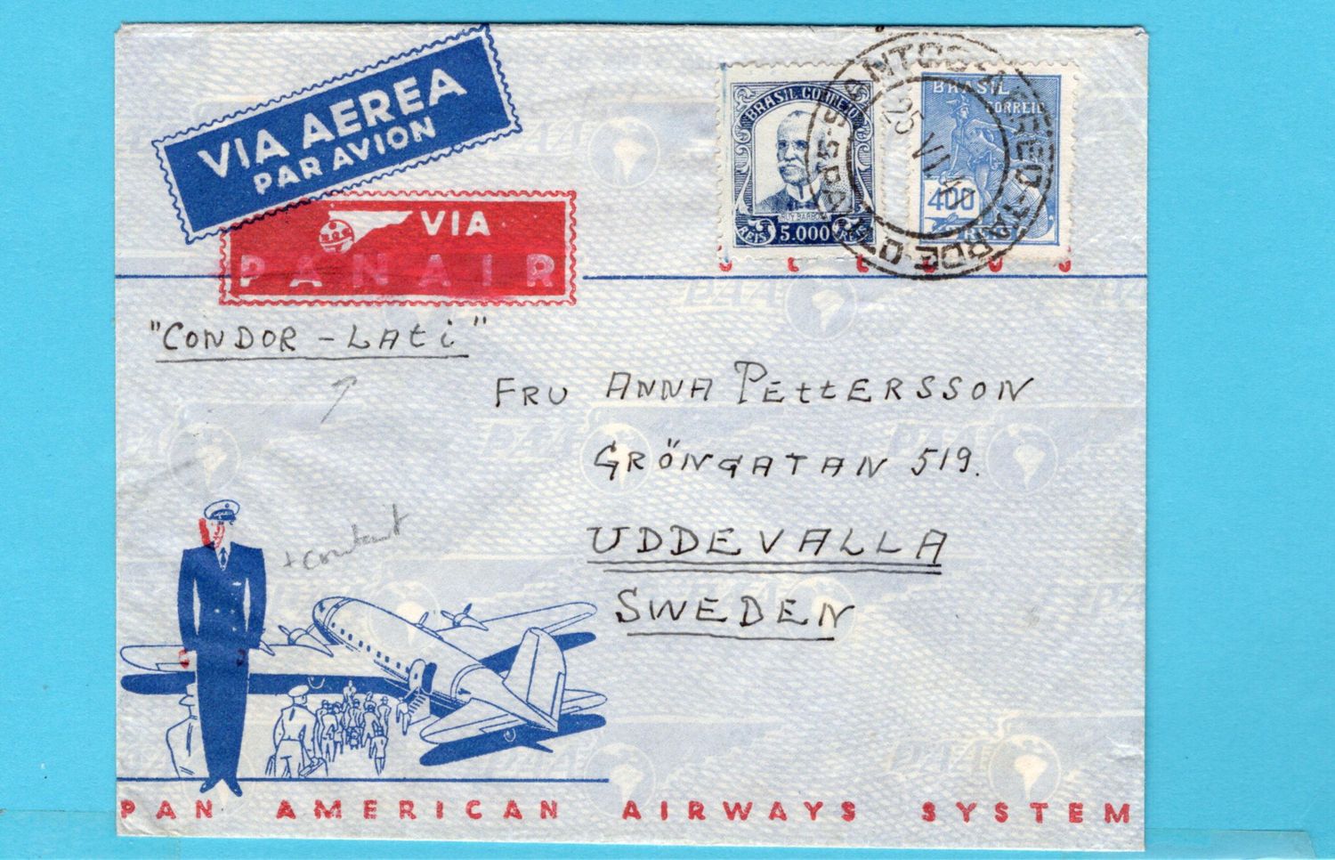 BRAZIL Condor LATI air cover 1941 Sao Paulo to Sweden