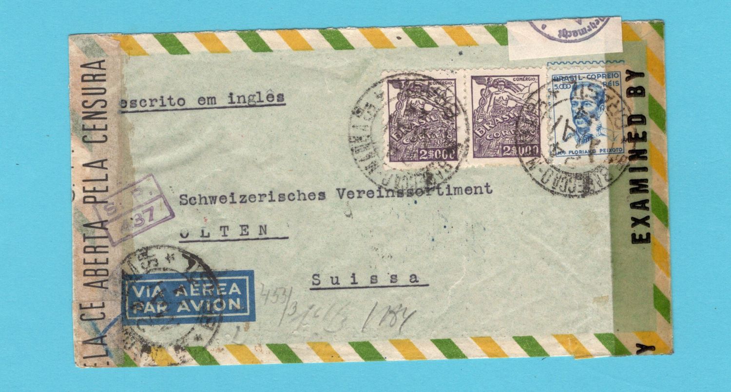 BRAZIL air cover 1944 Sao Paulo to Switzerland by Paris censor