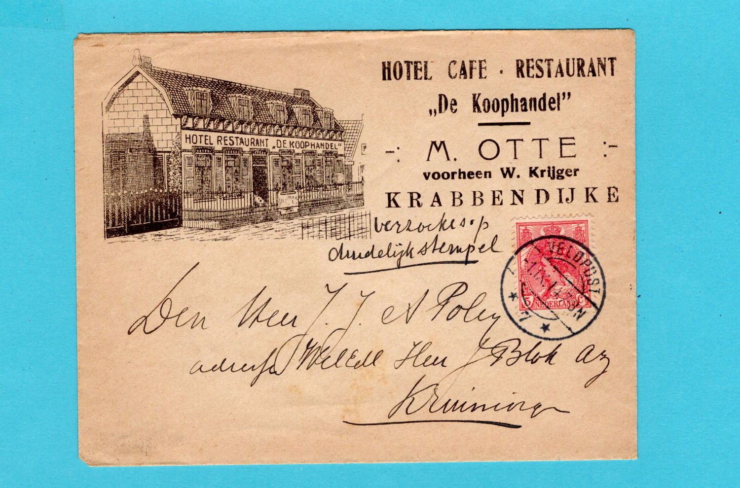NEDERLAND brief Hotel &quot;de Koophandel&quot; 1914 Veldpost 7 - Kruiningen