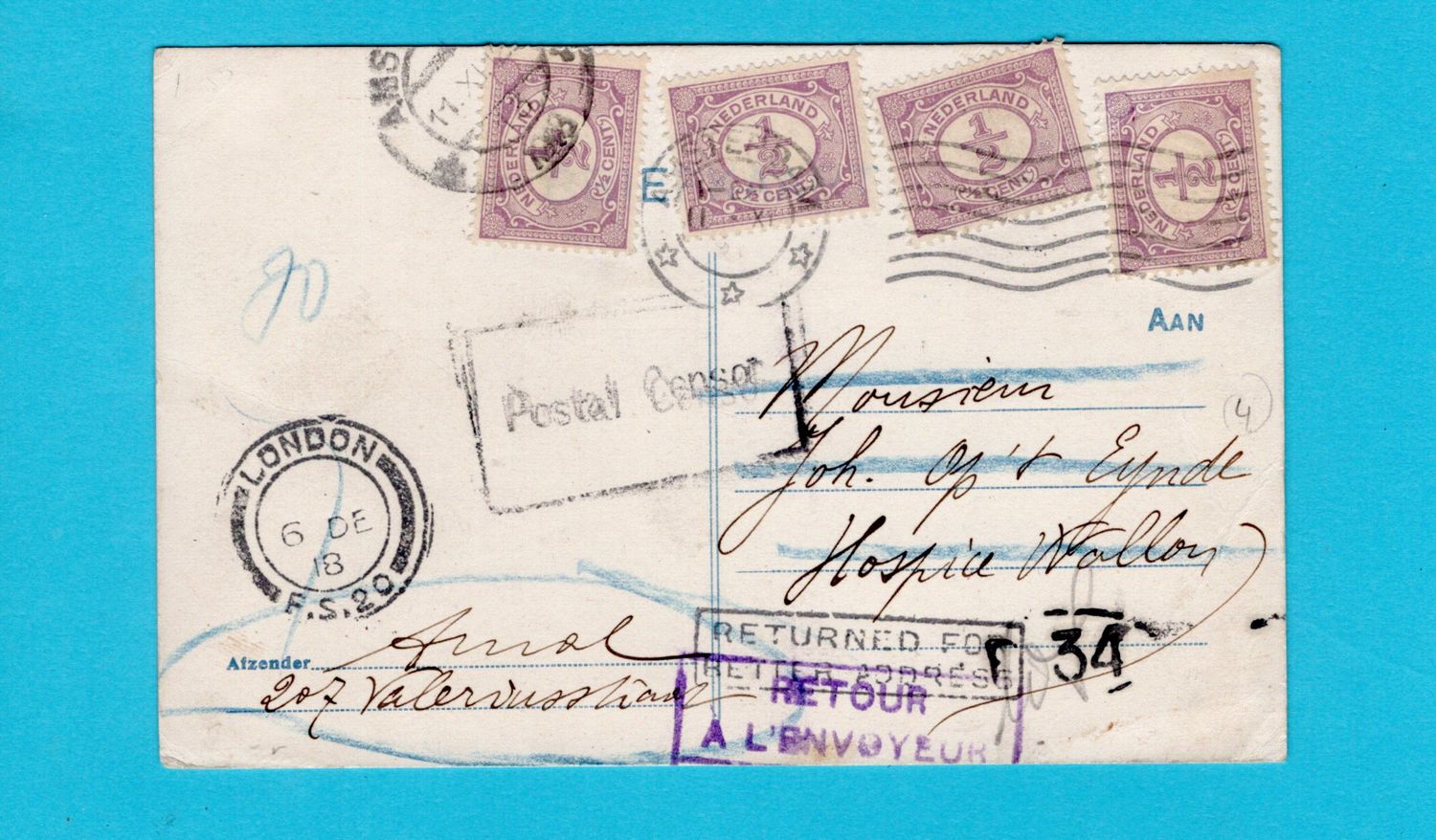 NEDERLAND briefkaart 1918 naar Hospice Wallon met censuur retour