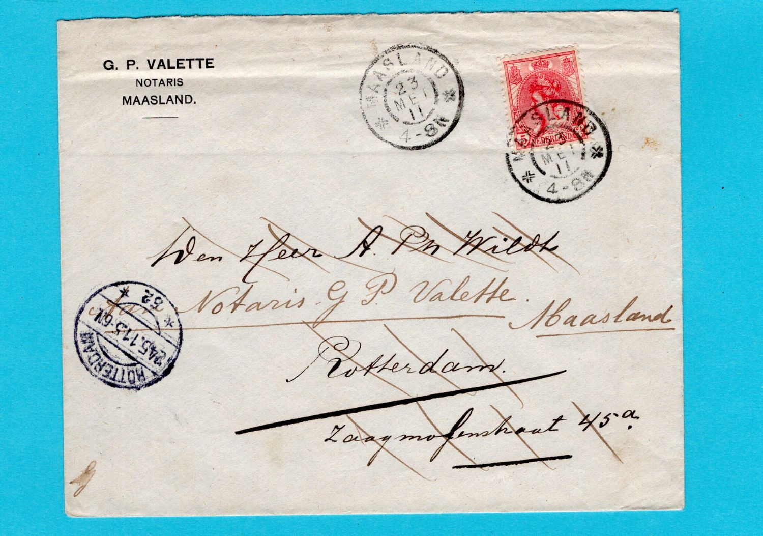 NEDERLAND brief 1911 Maasland naar Rotterdam en doorgestuurd