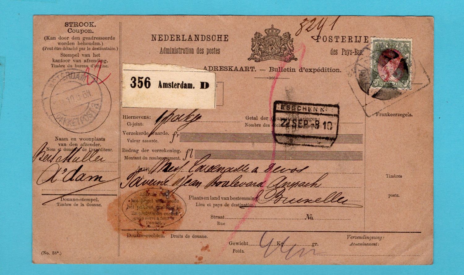 NEDERLAND pakketkaart 1910 Amsterdam naar Brussel, België
