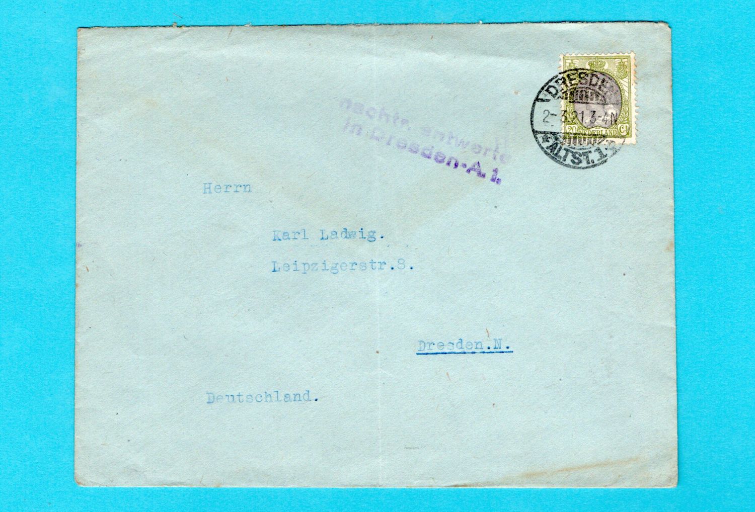 NEDERLAND brief 1921 Dresden nachtr. Entwertet