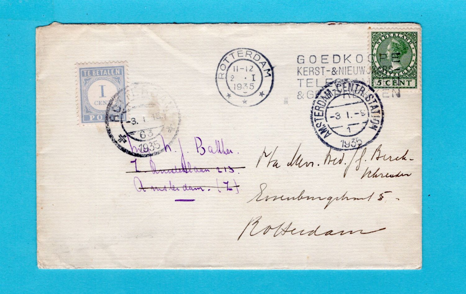 NEDERLAND brief 1935 Amsterdam beport met 1ct - Rotterdam