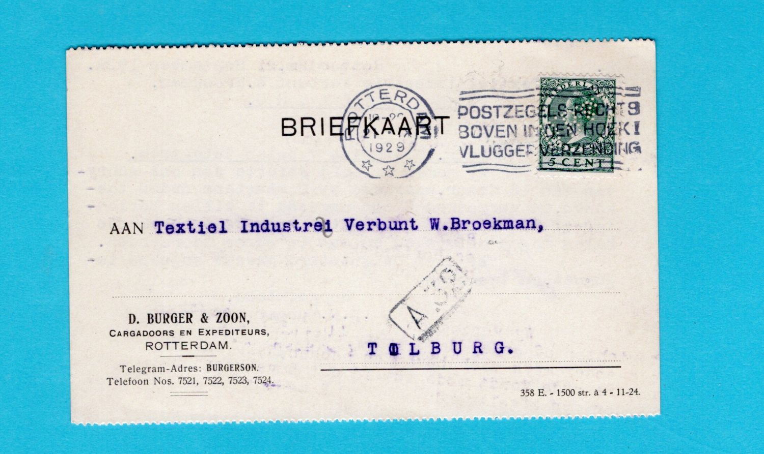 NEDERLAND briefkaart 1929 Rotterdam met perfin DB&Z - Tilburg