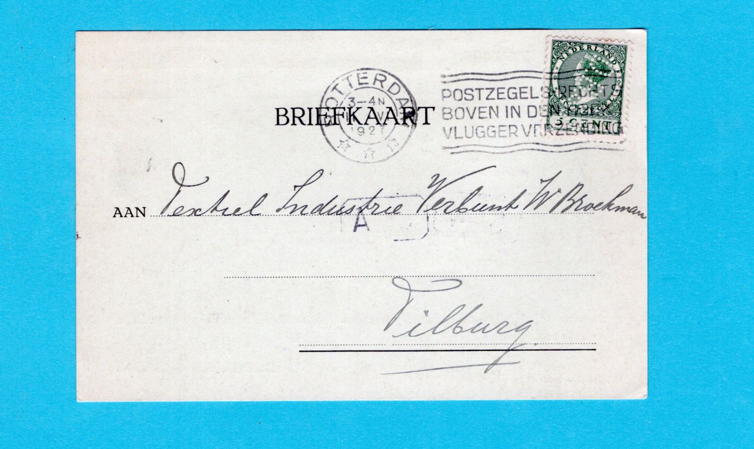 NEDERLAND briefkaart 1927 Rotterdam met perfin DB&amp;Z - Tilburg