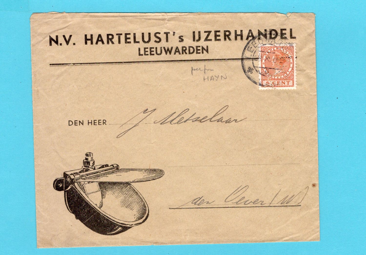 NEDERLAND brief ca 1932 Leeuwarden met perfin HAYN - den Oever