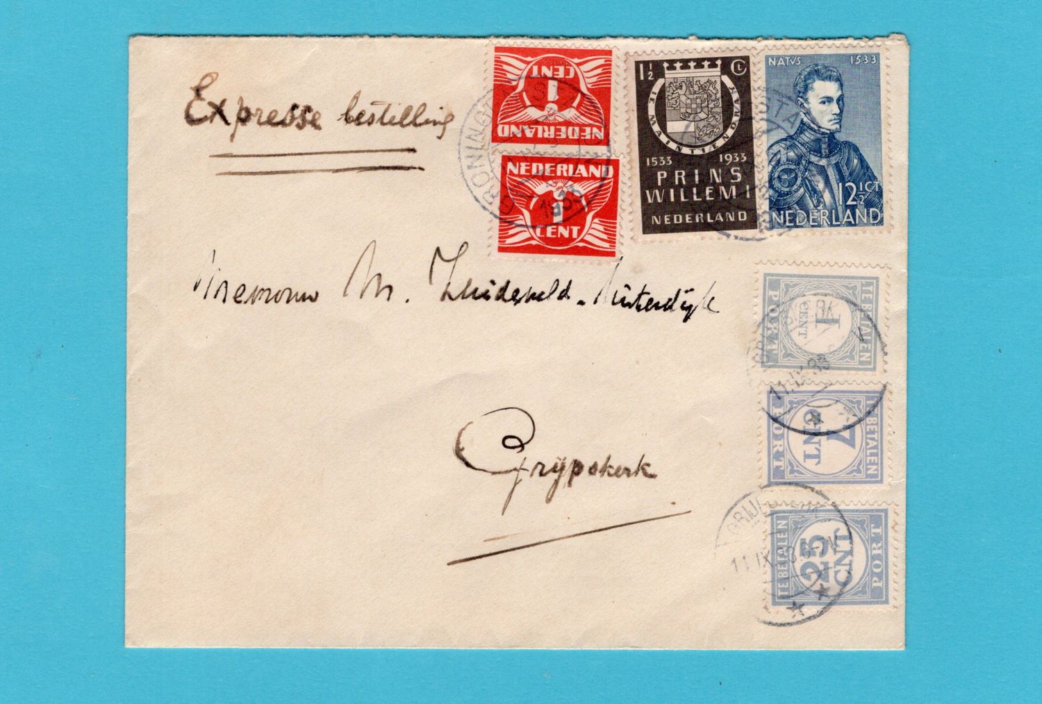 NEDERLAND expres brief 1933 Groningen-Grijpskerk met afstandsport