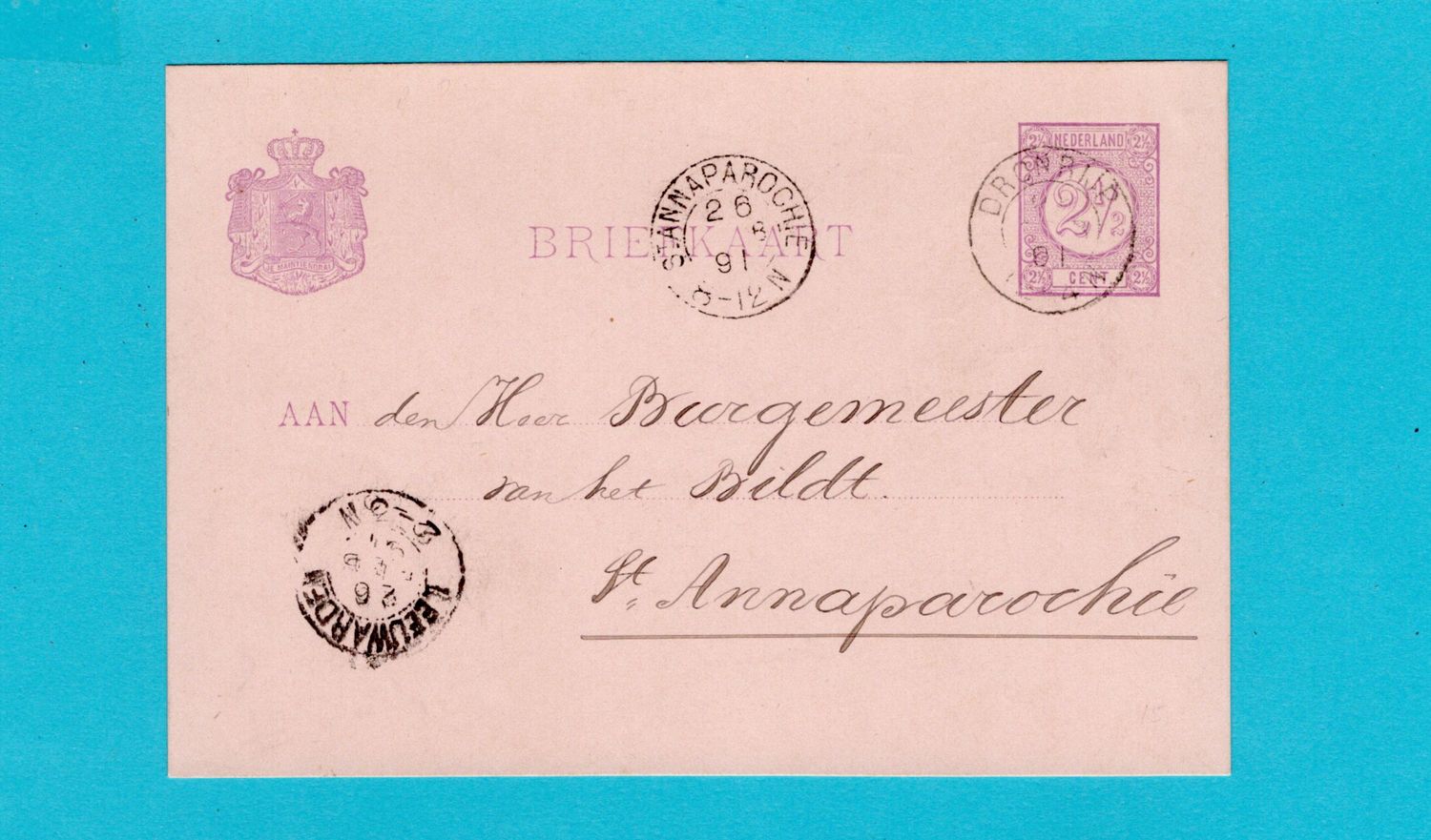 NEDERLAND briefkaart 1891 Drontrijp naar St Anna Parochie
