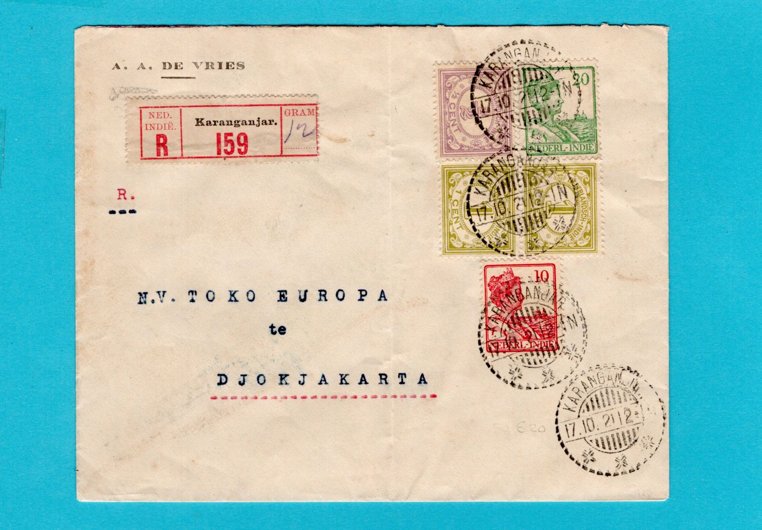 NETHERLANDS EAST INDIES R cover 1921 Karanganjar to Djokja