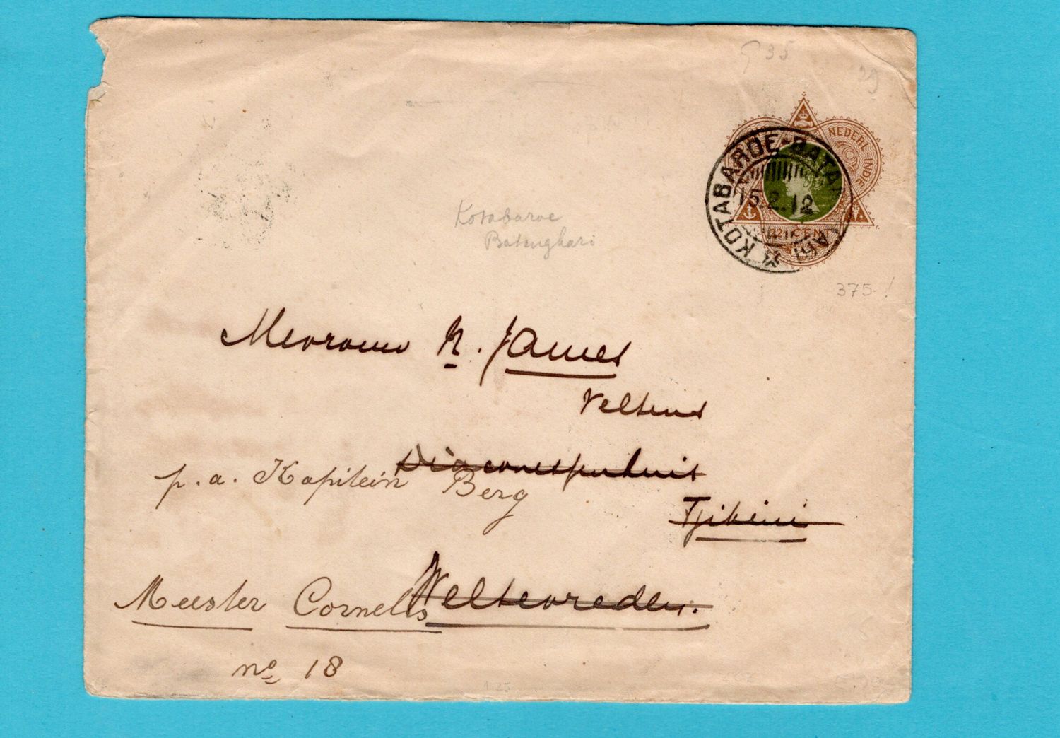 NETHERLANDS EAST INDIES envelope 1912 Kotabaroe-Batanghari