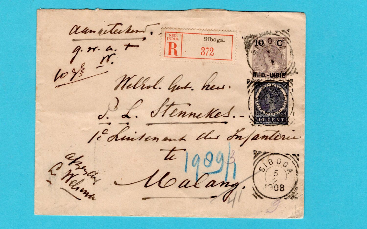 NETHERLANDS EAST INDIES R envelope 1908 Siboga to Malang