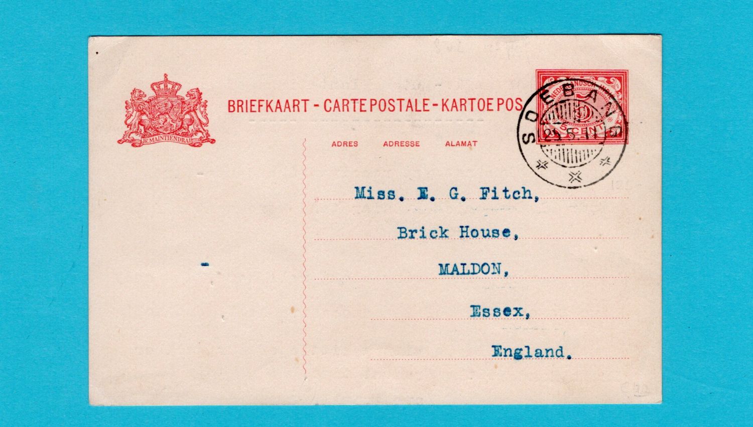 NETHERLANDS EAST INDIES postal card 1911 Soebang to England
