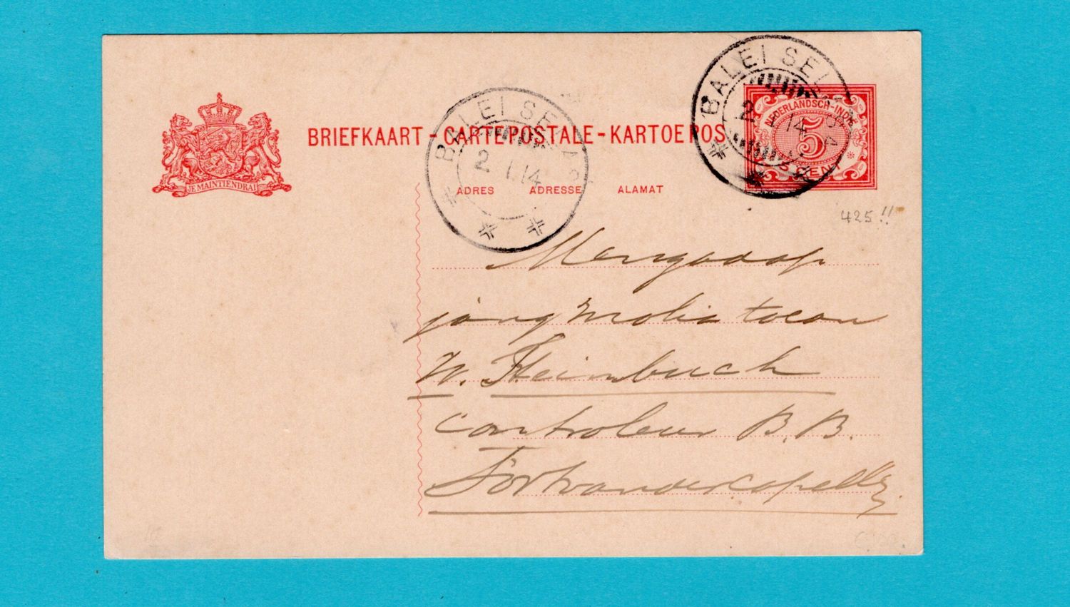 NETHERLANDS EAST INDIES postal card 1914 Balei Selasa