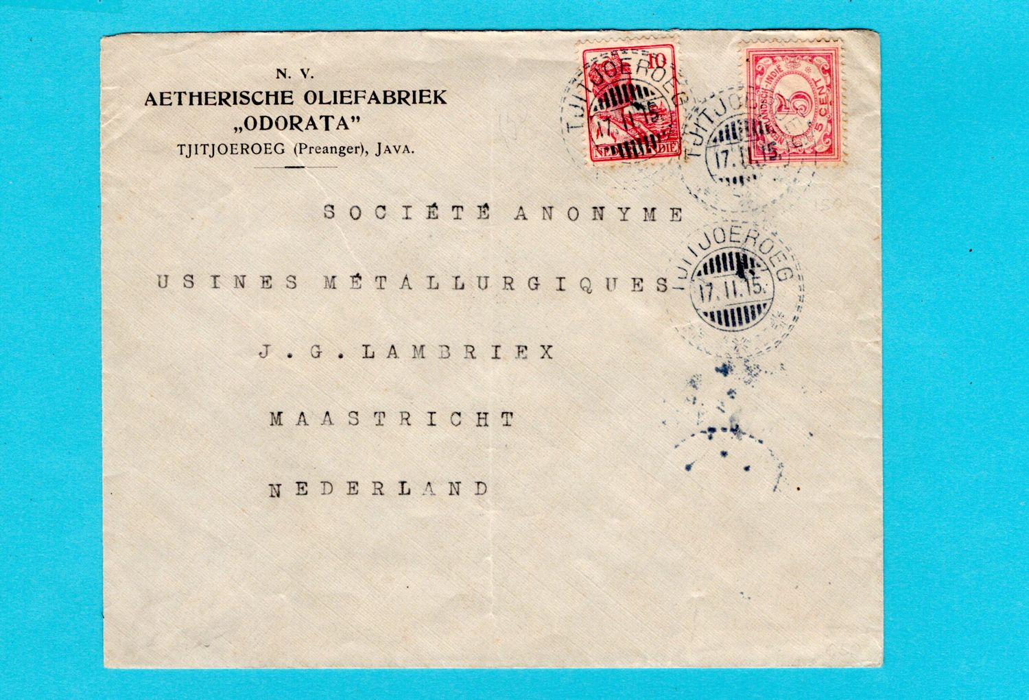 NETHERLANDS EAST INDIES cover 1915 Tjitoeroeg to Maastricht