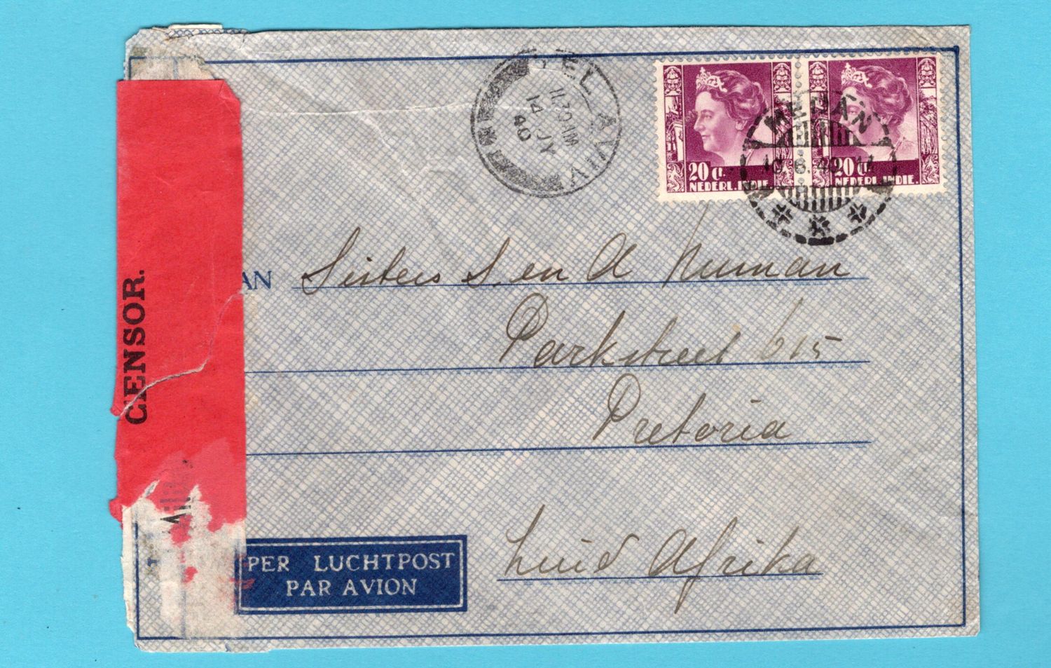 NETHERLANDS EAST INDIES censor air cover 1940 Medan -S.Africa